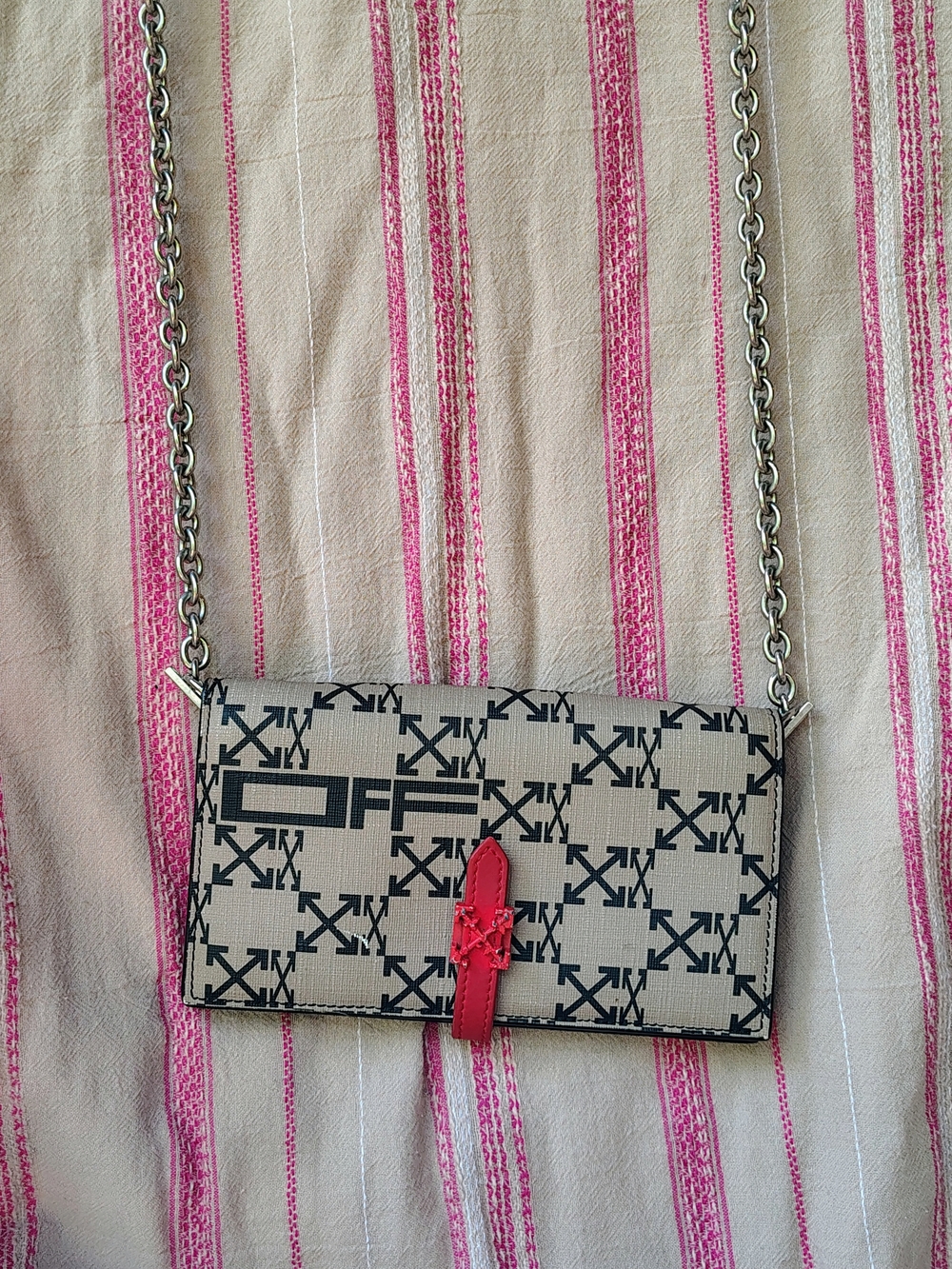 OFF-WHITE Beige and Black Crossbody Wallet with Red Accent removable Chain